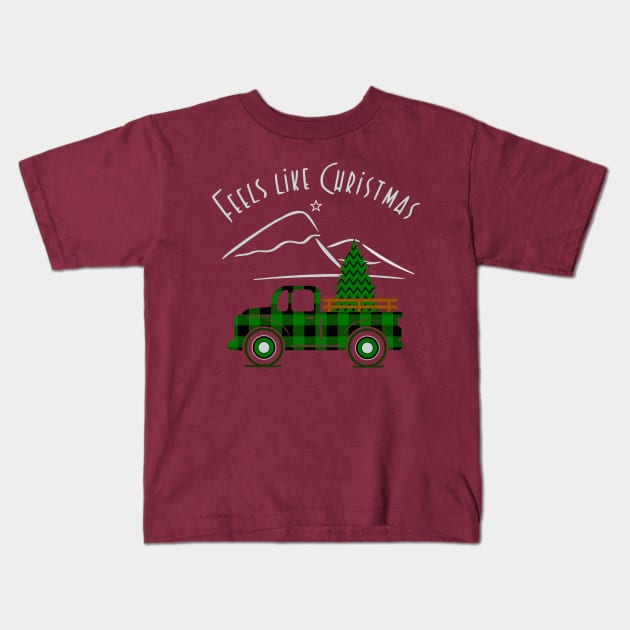 Feels Like Christmas, Green Plaid Pickup Truck Kids T-Shirt by Blended Designs